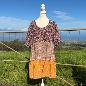 Natural Life Floral Babydoll Mini Swing Dress Peasant L